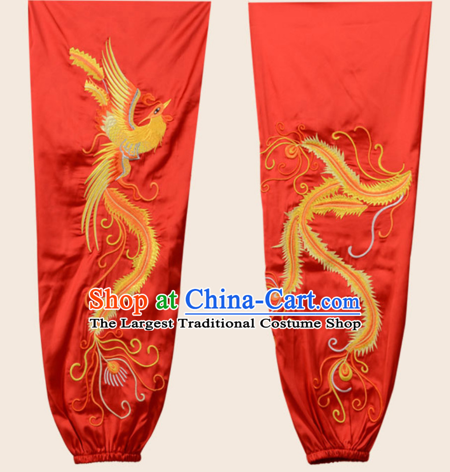 Top Red Chinese Embroidered Phoenix Gong Fu Blouse Pants Outfits Martial Arts Suit Complete Set for Men or Women