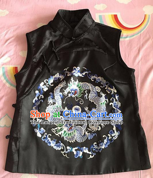 Chinese Traditional Costume Tang Suit Embroidered Dragon Black Vest for Women