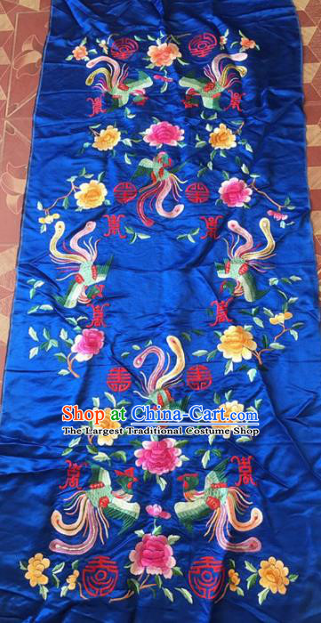 Chinese Traditional Handmade Embroidery Craft Embroidered Royalblue Cloth Patches Embroidering Phoenix Peony Silk Piece