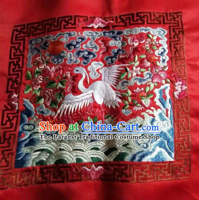 Asian Chinese Traditional Embroidered Crane Red Silk Patches Handmade Embroidery Craft