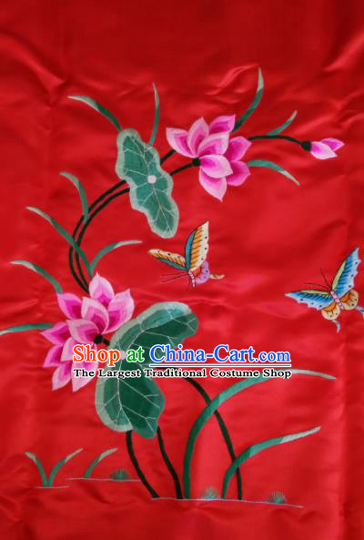 Asian Chinese Traditional Embroidered Lotus Red Silk Patches Handmade Embroidery Craft
