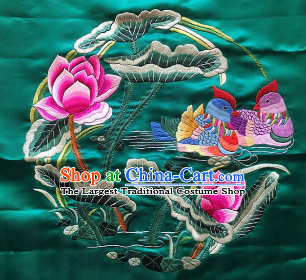 Asian Chinese Traditional Embroidered Mandarin Duck Lotus Green Silk Patches Handmade Embroidery Craft