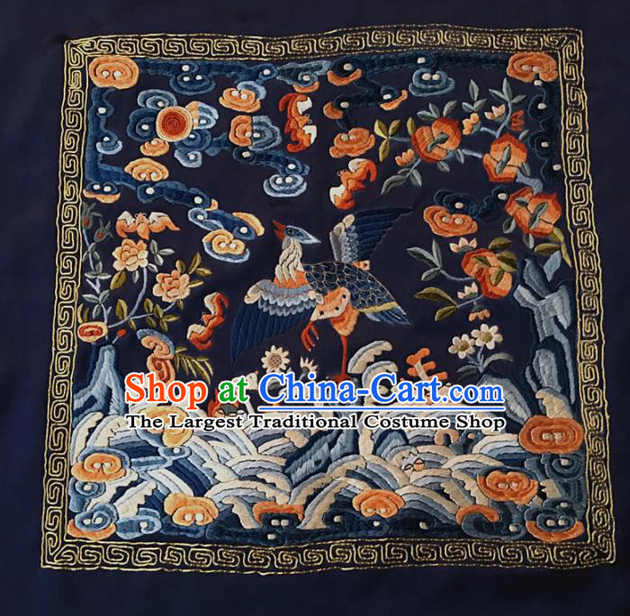 Asian Chinese Traditional Embroidered Crane Navy Silk Patches Handmade Embroidery Craft