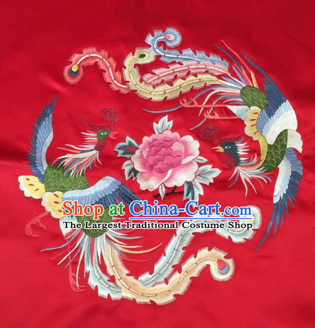 Asian Chinese Traditional Embroidered Phoenix Peony Red Silk Patches Handmade Embroidery Craft