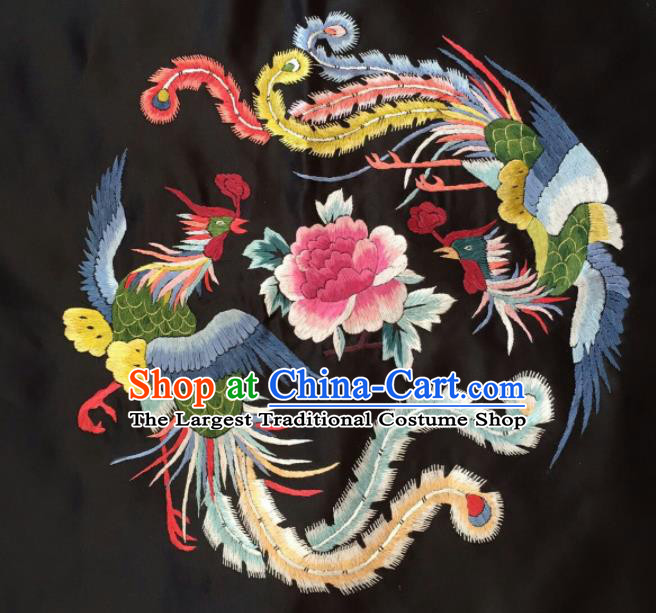 Asian Chinese Traditional Embroidered Phoenix Peony Black Silk Patches Handmade Embroidery Craft