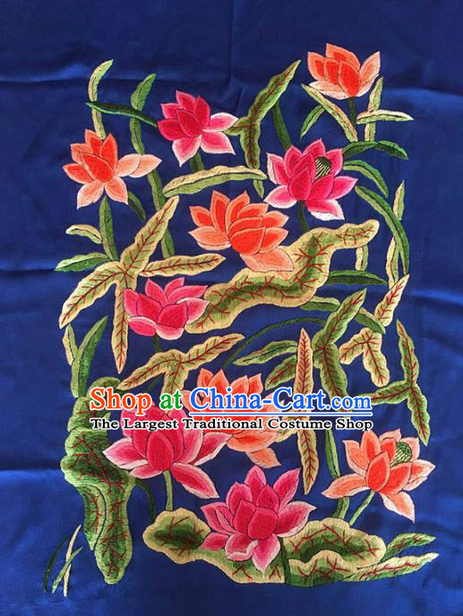 Asian Chinese Traditional Embroidered Lotus Blue Silk Patches Handmade Embroidery Craft