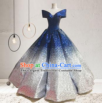 Top Grade Stage Performance Costumes Elegant Blue Sequins Full Dress for Women