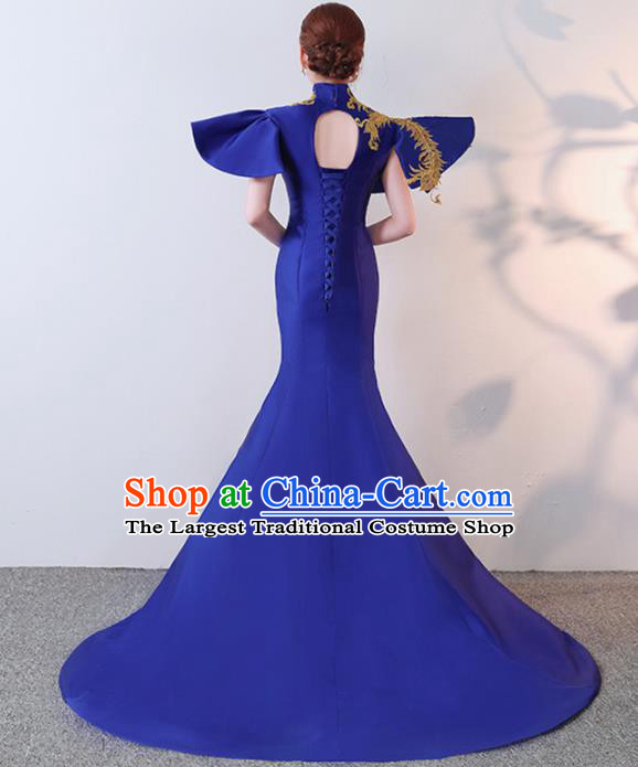 Chinese Traditional Costumes Elegant Royalblue Full Dress Wedding Trailing Qipao Dress for Women