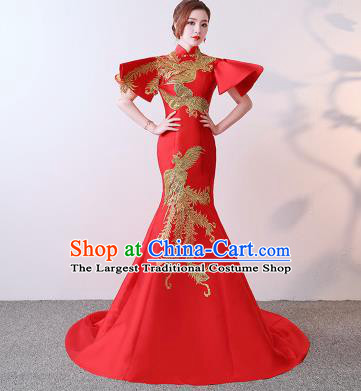 Chinese Traditional Costumes Elegant Red Full Dress Wedding Trailing Qipao Dress for Women