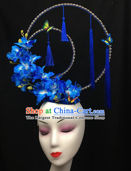Top Halloween Blue Flowers Tassel Hair Accessories Chinese Traditional Catwalks Giant Headpiece for Women