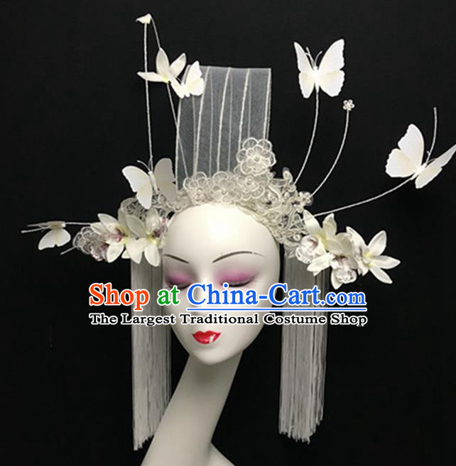 Top Halloween Giant Hair Accessories Chinese Traditional Catwalks White Lace Butterfly Headpiece for Women