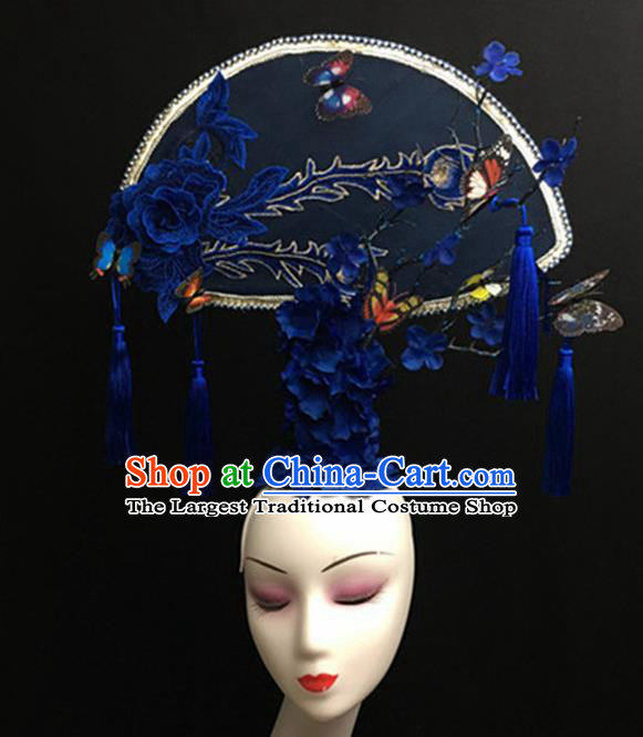 Top Halloween Giant Blue Peony Hair Accessories Chinese Traditional Catwalks Headpiece for Women