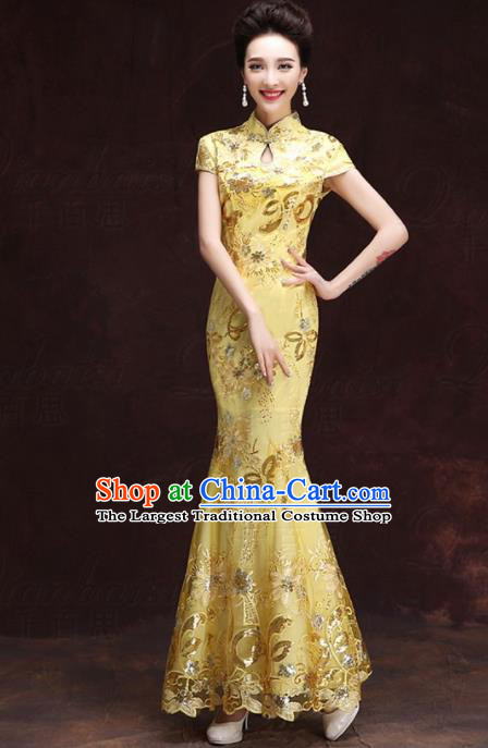 Chinese Traditional Costumes Elegant Mermaid Full Dress Yellow Qipao Dress for Women