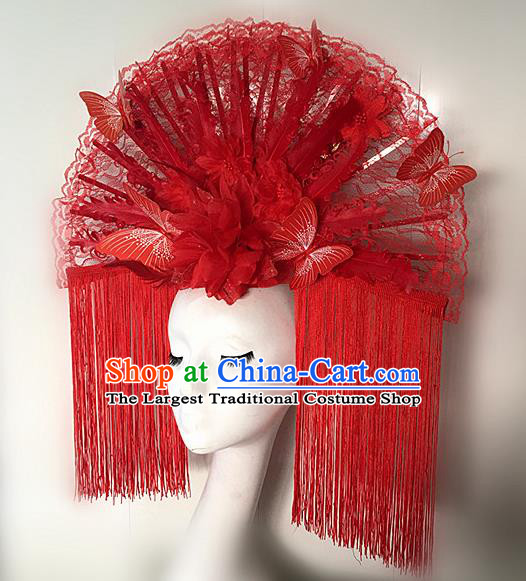 Top Halloween Red Feather Tassel Giant Hair Accessories Stage Show Chinese Traditional Palace Catwalks Headpiece for Women
