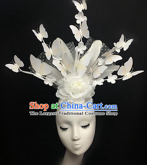 Top Halloween White Feather Peony Giant Hair Accessories Stage Show Chinese Traditional Palace Catwalks Headpiece for Women