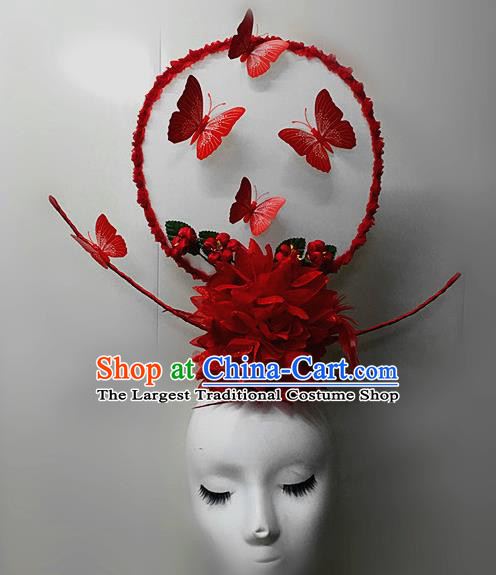 Top Halloween Red Feather Giant Hair Accessories Stage Show Chinese Traditional Palace Catwalks Headpiece for Women