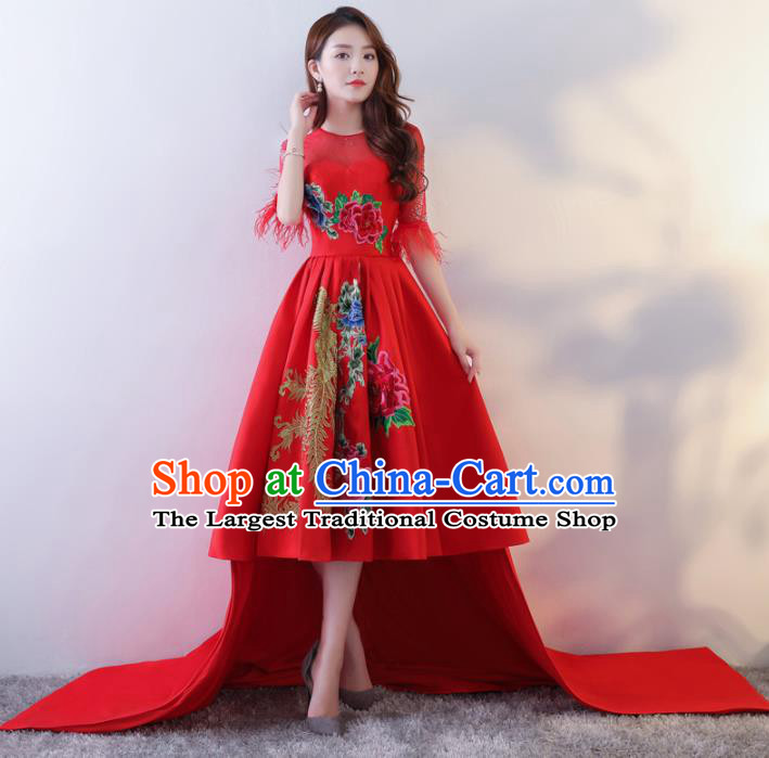 Chinese Traditional Costumes Elegant Red Full Dress Compere Qipao Dress for Women