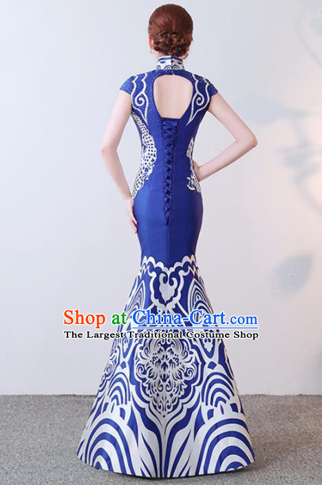 Chinese Traditional Qipao Dress Elegant Compere Blue Full Dress for Women