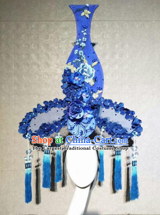 Asian Chinese Traditional Hair Accessories Catwalks Blue Vase Flowers Headdress for Women