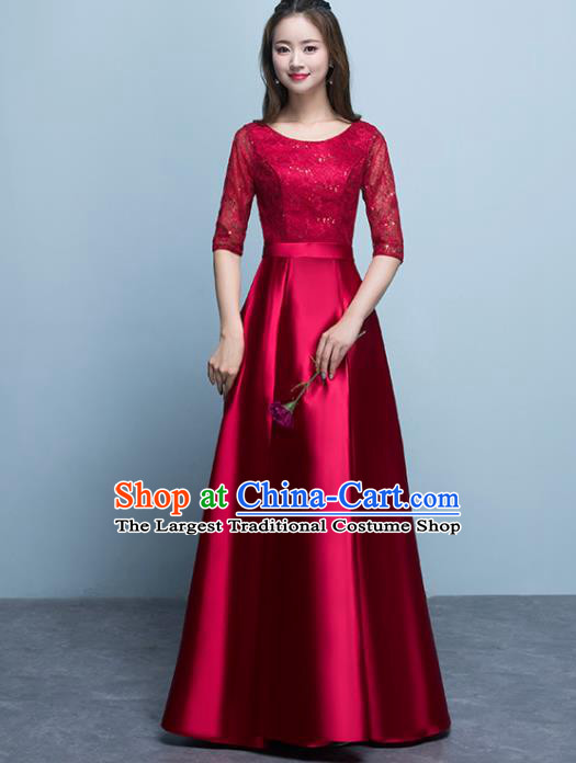 Top Grade Stage Performance Compere Wine Red Formal Dress Chorus Elegant Lace Full Dress for Women