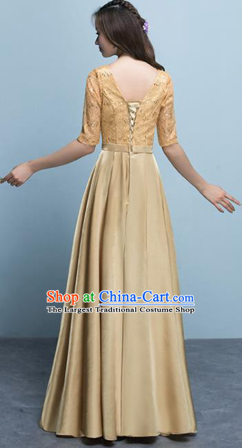Top Grade Stage Performance Compere Golden Formal Dress Chorus Elegant Lace Full Dress for Women