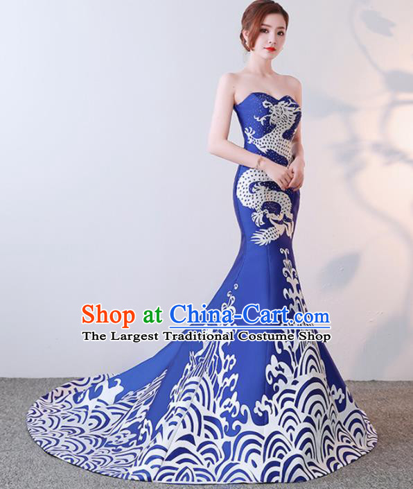 Chinese Traditional Trailing Qipao Dress Elegant Compere Blue Full Dress for Women