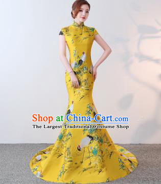 Chinese Traditional Trailing Yellow Qipao Dress Elegant Compere Full Dress for Women