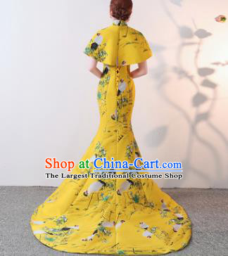 Chinese Traditional Trailing Yellow Qipao Dress Elegant Compere Full Dress for Women