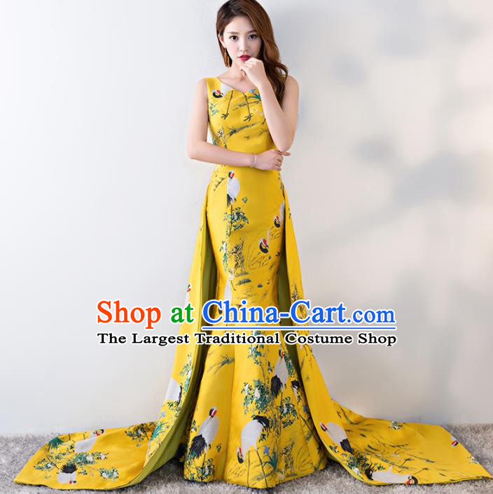 Chinese Traditional Printing Crane Yellow Qipao Dress Elegant Compere Full Dress for Women