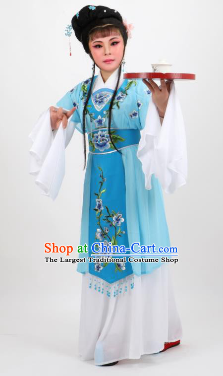 Chinese Traditional Peking Opera Diva Kou Zhu Blue Dress Ancient Court Maid Costume for Women