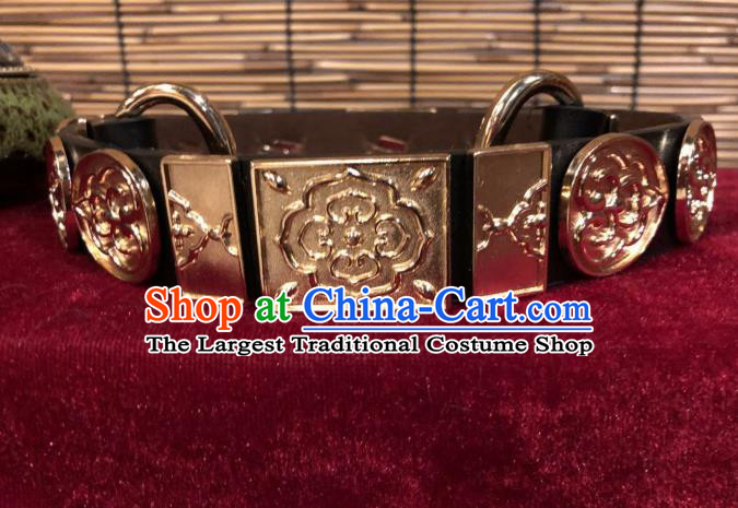 Chinese Traditional Hanfu Golden Belts Ancient Ming Dynasty Swordsman Leather Waistband for Men