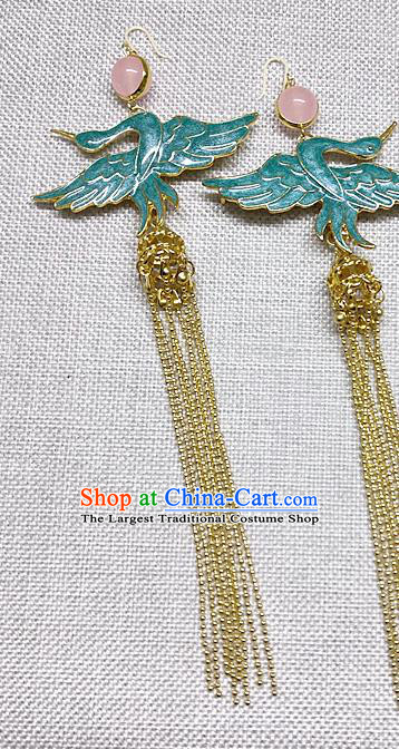 Chinese Traditional Hanfu Blue Crane Tassel Earrings Ancient Princess Ear Accessories for Women