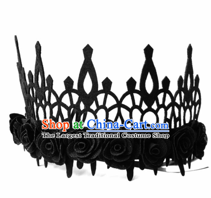 Top Grade Halloween Cosplay Gothic Black Roses Royal Crown Fancy Ball Handmade Hair Accessories for Women