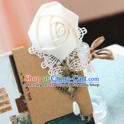Handmade Gothic White Rose Brooch Accessories Halloween Fancy Ball Cosplay Breastpin for Women