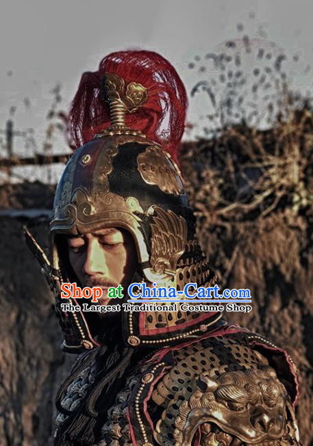 Asian Chinese Traditional Song Dynasty General Body Armor and Helmet Ancient Military Officer Costumes for Men
