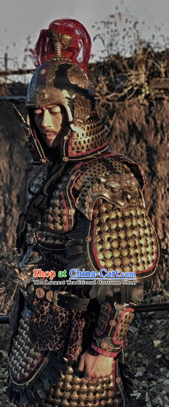 Asian Chinese Traditional Song Dynasty General Body Armor and Helmet Ancient Military Officer Costumes for Men