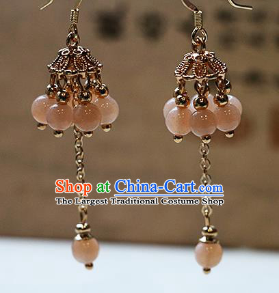 Chinese Traditional Hanfu Pink Beads Tassel Ear Accessories Ancient Tang Dynasty Princess Earrings for Women