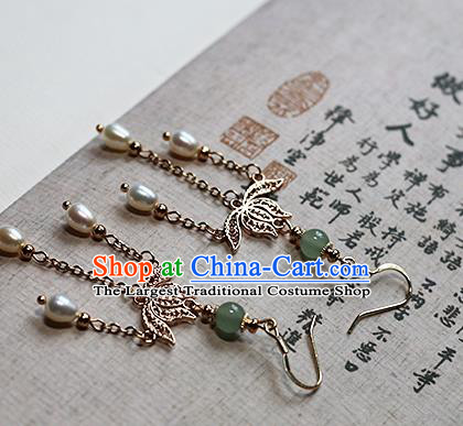 Chinese Traditional Hanfu Golden Lotus Pearls Ear Accessories Ancient Qing Dynasty Princess Earrings for Women