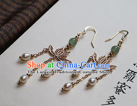 Chinese Traditional Hanfu Golden Lotus Pearls Ear Accessories Ancient Qing Dynasty Princess Earrings for Women