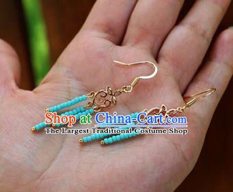 Chinese Traditional Hanfu Blue Beads Tassel Ear Accessories Ancient Qing Dynasty Princess Earrings for Women
