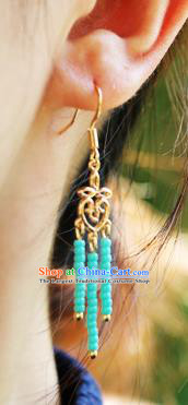 Chinese Traditional Hanfu Blue Beads Tassel Ear Accessories Ancient Qing Dynasty Princess Earrings for Women