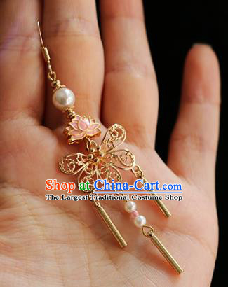 Chinese Traditional Hanfu Golden Butterfly Lotus Ear Accessories Ancient Qing Dynasty Princess Earrings for Women