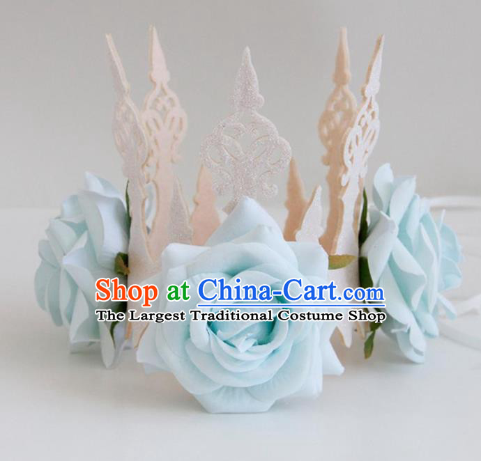 Handmade Halloween Cosplay Blue Roses Headwear Fancy Ball Stage Show Royal Crown for Women