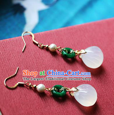 Chinese Traditional Hanfu White Jade Shell Ear Accessories Ancient Qing Dynasty Princess Earrings for Women