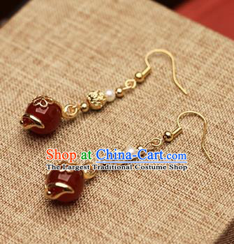 Chinese Traditional Hanfu Agate Golden Ear Accessories Ancient Qing Dynasty Princess Earrings for Women