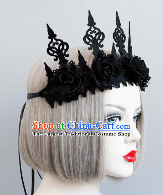 Halloween Handmade Cosplay Queen Headwear Fancy Ball Stage Show Black Peony Royal Crown for Women