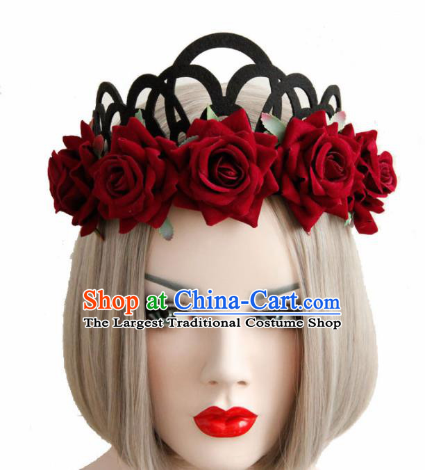 Halloween Handmade Cosplay Queen Headwear Fancy Ball Stage Show Red Roses Royal Crown for Women