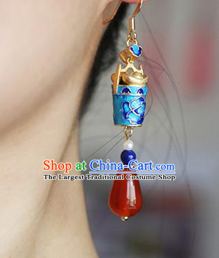 Chinese Traditional Hanfu Cloisonne Lotus Agate Ear Accessories Ancient Qing Dynasty Princess Earrings for Women