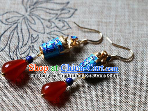 Chinese Traditional Hanfu Cloisonne Lotus Agate Ear Accessories Ancient Qing Dynasty Princess Earrings for Women