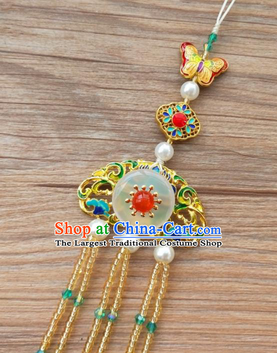 Chinese Qing Dynasty Cloisonne Golden Tassel Brooch Pendant Traditional Hanfu Ancient Imperial Consort Accessories for Women